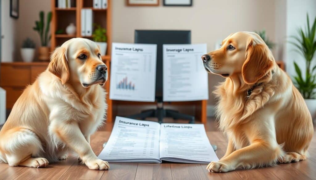 A thoughtful comparison of pet insurance coverage options, showcasing the differences between annual and lifetime limits. In the foreground, two golden retrievers sit side by side, one with a bandage on its paw, the other perfectly healthy. In the middle ground, detailed insurance policy documents unfold, with graphs and charts illustrating coverage caps. The background features a warm, soft-focus office setting, with a wooden desk and potted plants, creating a professional yet inviting atmosphere. Soft, diffused lighting illuminates the scene, highlighting the key information. The overall tone is one of careful consideration, guiding the viewer through the nuances of pet insurance policies. A thoughtful comparison of pet insurance coverage options, showcasing the differences between annual and lifetime limits. In the foreground, two golden retrievers sit side by side, one with a bandage on its paw, the other perfectly healthy. In the middle ground, detailed insurance policy documents unfold, with graphs and charts illustrating coverage caps. The background features a warm, soft-focus office setting, with a wooden desk and potted plants, creating a professional yet inviting atmosphere. Soft, diffused lighting illuminates the scene, highlighting the key information. The overall tone is one of careful consideration, guiding the viewer through the nuances of pet insurance policies.
