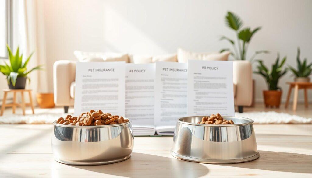 A thoughtful comparison of pet insurance policies displayed against a bright, sunlit backdrop. In the foreground, two contrasting dog bowls highlight key coverage differences - one overflows with kibble, the other lies empty. In the middle ground, various policy documents are neatly arranged, their pages fluttering gently. The background features a warm, inviting living room setting with plush furniture and potted plants, conveying a sense of domestic comfort. Soft, natural lighting casts a gentle glow, emphasizing the importance of making the right choice for your beloved canine companion. A clean, minimalist aesthetic that draws the viewer's eye to the central policy comparison.
