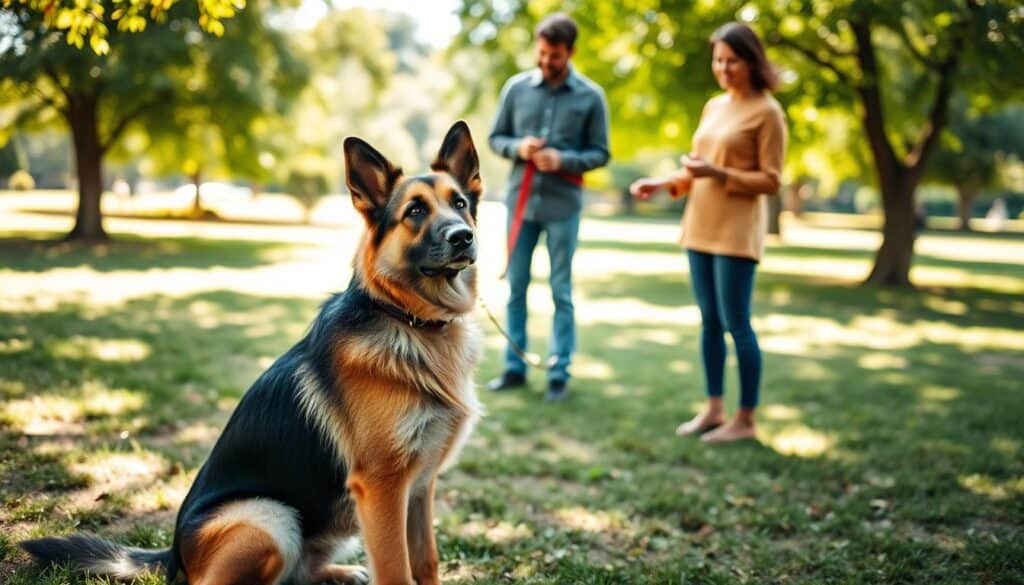 A tranquil outdoor scene with a well-trained, attentive German shepherd dog in the foreground, showcasing good behavior and bite prevention. The dog is sitting calmly, focused on its owner, who is gently petting it. In the middle ground, a responsible owner demonstrates proper leash handling and body language to discourage aggressive behavior. The background features a serene park setting with lush greenery, sunlight filtering through the trees, and a calming atmosphere, conveying a sense of safety and control. Realistic lighting and subtle depth-of-field blur enhance the overall composition, emphasizing the preventative measures to mitigate dog bite risks.