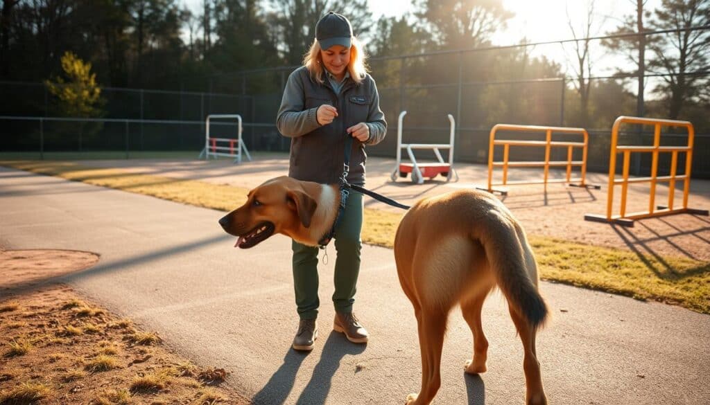 A tranquil service dog training facility, bathed in warm afternoon sunlight, with a trainer guiding a loyal canine companion through a series of carefully choreographed exercises. The foreground showcases the intense focus and dedication of the dog, its gaze locked onto its handler's commands. In the middle ground, the trainer, dressed in a practical yet professional manner, demonstrates the intricate techniques required to hone the dog's intuitive abilities. The background reveals a meticulously designed training course, complete with obstacles and obstacles, where the dog's agility, intelligence, and unwavering devotion to its duties are put to the test. The overall scene conveys a sense of harmony, trust, and the profound bond between human and canine, perfectly encapsulating the essence of service dog training.