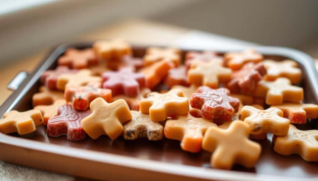 A tray of artfully arranged, lickable cat treats, presented in a warm, inviting manner. The treats are delicately positioned, with a soft, squeezable texture, their vibrant colors and natural ingredients hinting at their irresistible flavors. The scene is bathed in a gentle, natural lighting, emphasizing the treats' tactile appeal and creating a cozy, welcoming atmosphere. The camera angle is slightly elevated, providing a tantalizing, close-up view of the tempting treats, sure to pique the curiosity and delight of any feline friend.