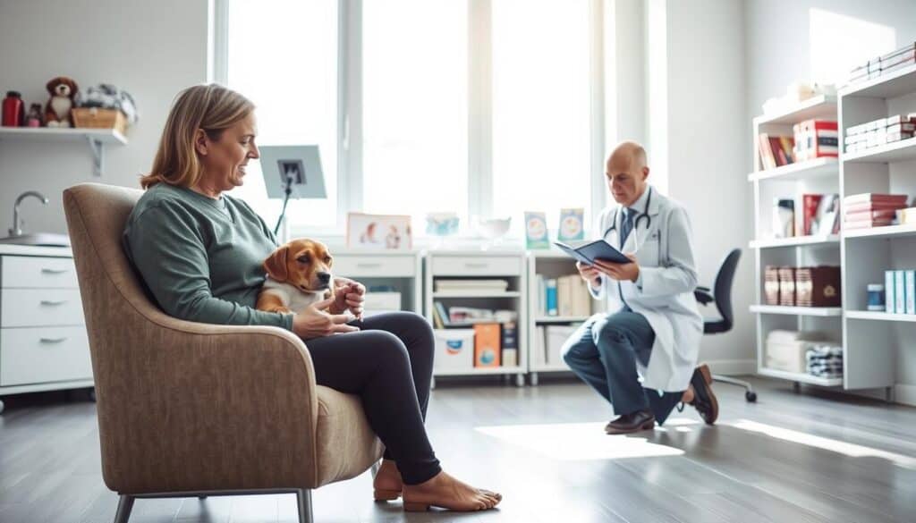 A veterinarian's office, brightly lit with soft, natural lighting flooding in through large windows. In the foreground, a concerned dog owner sits on a plush chair, cradling their furry companion, who appears slightly uncomfortable. The veterinarian, dressed in a crisp white coat, kneels beside them, intently examining the dog and taking notes. The middle ground showcases medical equipment and shelves filled with pet supplies, conveying a sense of professionalism and care. The background features calming, soothing hues, creating an atmosphere of trust and reassurance. The overall scene captures the moment of a pet owner seeking personalized advice from a trusted veterinary professional.