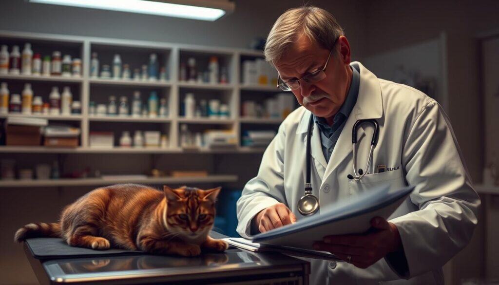 A veterinary clinic interior, dim lighting casting soft shadows. In the foreground, a veterinarian in a white coat poring over medical files, brow furrowed in concentration. On the exam table, a cat rests, its eyes alert yet wary. In the background, shelves of medications and diagnostic equipment, conveying an atmosphere of professional care. The scene exudes a sense of expertise and compassion as the veterinarian considers the best course of action for treating the feline patient with potential H5N1 avian influenza.