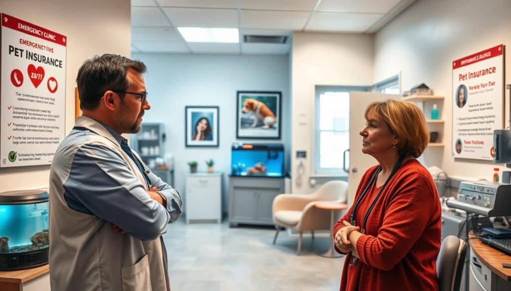 A veterinary clinic interior, well-lit with soft, warm lighting. In the foreground, a worried pet owner consults with a caring veterinarian, discussing emergency care options and coverage details. On the walls, informative posters highlight comprehensive pet insurance plans, their benefits, and 24/7 accessibility. The middle ground features a cozy waiting area with plush chairs, calming artwork, and a fish tank, creating a reassuring atmosphere. In the background, state-of-the-art medical equipment and supplies suggest the clinic's readiness to handle any pet emergency, instilling a sense of confidence and trust. A veterinary clinic interior, well-lit with soft, warm lighting. In the foreground, a worried pet owner consults with a caring veterinarian, discussing emergency care options and coverage details. On the walls, informative posters highlight comprehensive pet insurance plans, their benefits, and 24/7 accessibility. The middle ground features a cozy waiting area with plush chairs, calming artwork, and a fish tank, creating a reassuring atmosphere. In the background, state-of-the-art medical equipment and supplies suggest the clinic's readiness to handle any pet emergency, instilling a sense of confidence and trust.