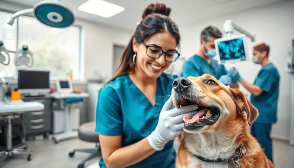 A veterinary clinic interior with high-resolution medical equipment and dental tools prominently displayed. In the foreground, a calm, friendly pet owner comforting their dog during a routine teeth cleaning procedure. The middle ground shows a veterinarian wearing scrubs and gloves, meticulously examining the pet's teeth using a digital x-ray machine. The background features clean, modern furnishings and soothing natural lighting, conveying a professional yet welcoming atmosphere. The scene captures the care and attention given to comprehensive pet dental treatments.