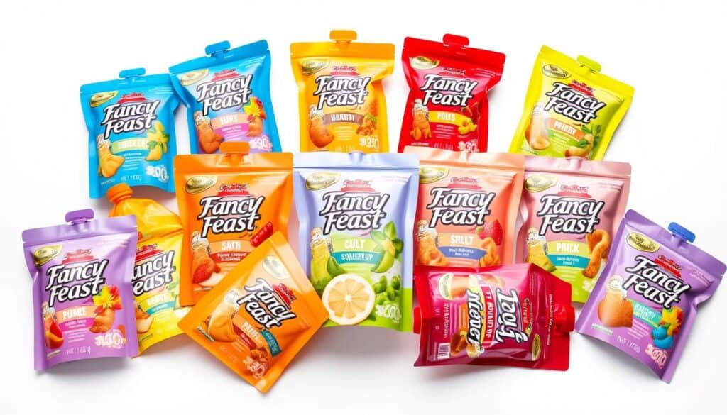 A vibrant assortment of Fancy Feast Squeeze Up pouches in a variety of flavors, artfully arranged on a pristine white background. The pouches are captured in a soft, diffuse lighting, highlighting their vibrant colors and glossy textures. The scene is photographed from a slightly elevated angle, creating a sense of depth and three-dimensionality. The arrangement is balanced and aesthetically pleasing, with the pouches carefully positioned to showcase their individual designs and appeal to the viewer's senses. The overall atmosphere is clean, modern, and inviting, perfectly complementing the premium nature of the Fancy Feast Squeeze Up treats.
