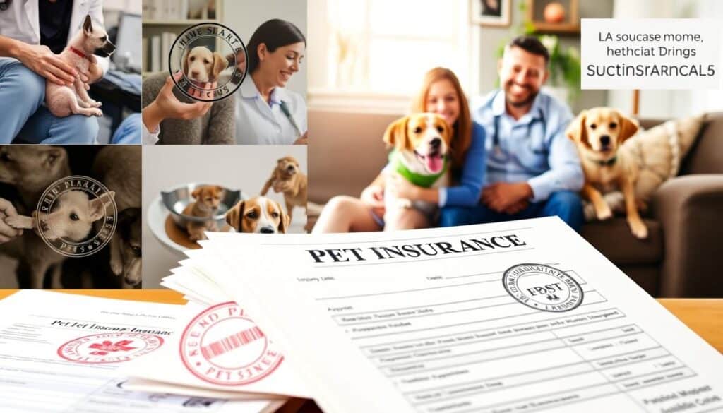 A vibrant collage showcasing various pet insurance claims documents, including reimbursement forms, medical bills, and photos of injured or ill pets. The foreground features a stack of official-looking paperwork with stamped approval seals, while the middle ground displays a veterinary exam room with a friendly, smiling doctor examining a happy, healthy dog. The background depicts a cozy living room setting, with a pet owner happily cuddling their furry companion, surrounded by reminders of the importance of pet insurance coverage. The scene is illuminated by warm, natural light, conveying a sense of relief and satisfaction in the successful resolution of the pet's medical needs.