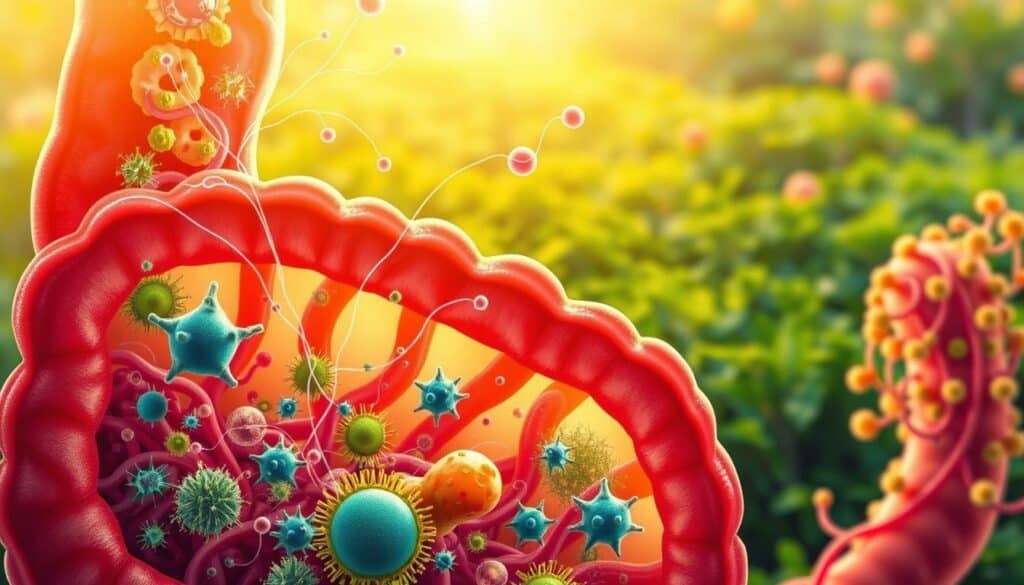 A vibrant, detailed illustration of a balanced gut microbiome. In the foreground, a cross-section of the intestine, with various probiotic bacteria thriving in a healthy, balanced ecosystem. Delicate, wispy filaments connect the microbes, symbolizing the intricate web of symbiotic relationships. The middle ground features a lush, verdant landscape of flora, representing the nourishing, fiber-rich diet that supports a diverse gut flora. The background is bathed in a warm, golden light, evoking a sense of wellness and inner harmony. The composition is crisp, highly detailed, and rendered in a naturalistic, scientific style, inspiring confidence in the restorative power of probiotics for canine yeast infections.