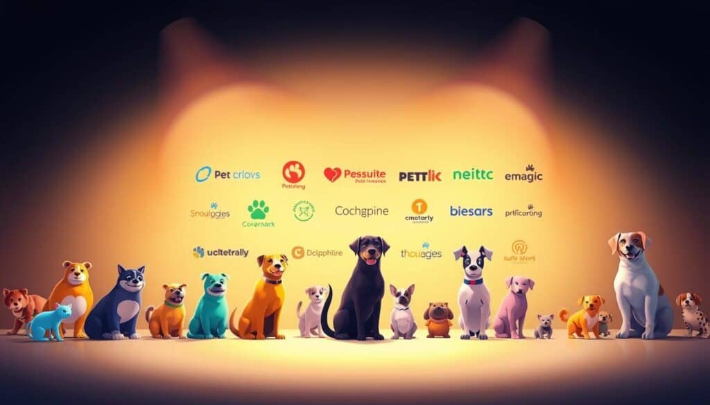 A vibrant digital illustration showcasing the diverse range of pet insurance providers, captured through a well-composed frame. In the foreground, a group of colorful animal icons representing various coverage plans, each with distinct designs and personalities. In the middle ground, a dynamic array of logos and branding elements from leading pet insurance companies, presented in a clean, organized manner. The background features a soft, ethereal gradient, creating a sense of depth and emphasizing the professional, trustworthy nature of the service providers. The overall scene is illuminated by warm, directional lighting, casting subtle shadows and highlights to accentuate the detailed elements. The perspective is slightly elevated, giving the viewer a comprehensive overview of the pet insurance landscape.