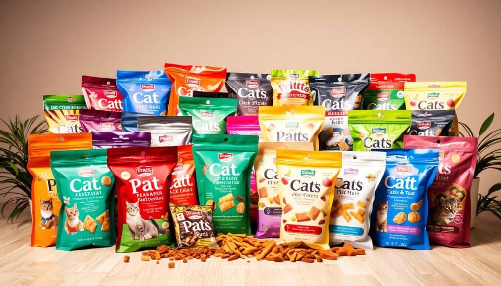 A vibrant display of various cat treat pouches and packets, showcasing an enticing array of flavors and textures. The foreground features an artfully arranged assortment of different-colored packages, each with eye-catching graphics and illustrations that hint at the delectable contents within. The middle ground includes a mix of wet and dry treat varieties, presented in a visually appealing layout that invites the viewer to explore the diversity of options. The background gently fades into a softly lit, neutral setting, allowing the products to take center stage. The overall scene exudes a sense of quality, indulgence, and the promise of feline satisfaction, capturing the essence of a "Variety Packs and Flavor Diversity for Every Cat".