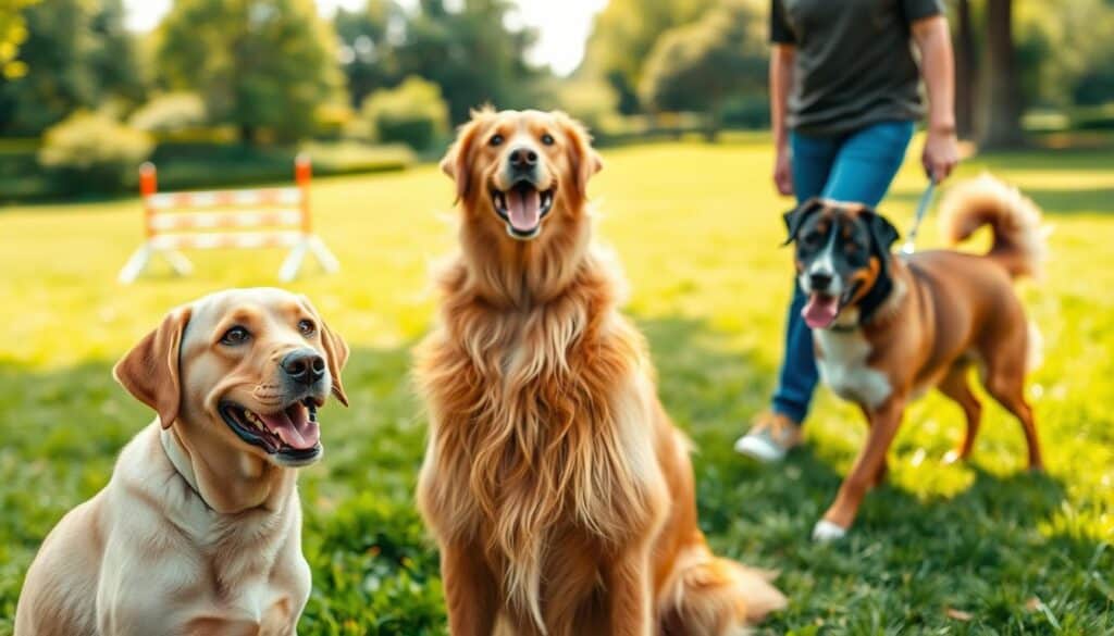 A vibrant, heartwarming scene of dog behavioral success stories. In the foreground, a happy, well-trained Labrador retriever obediently sits, its attentive gaze focused on its owner, a proud smile on their face. In the middle ground, a playful golden retriever bounds through a lush, green meadow, performing a series of agility obstacles with ease. In the background, a serene, sun-dappled park setting, where a Bernese mountain dog confidently heels alongside its owner, responding to verbal commands. The lighting is soft and natural, capturing the warmth and joy of these success stories. The overall mood is one of triumph, companionship, and the rewarding bond between dogs and their dedicated owners.