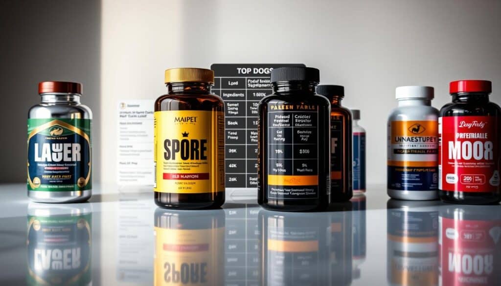 A vibrant, high-quality product comparison image showcasing the top dog supplements. In the foreground, an elegant arrangement of premium supplement bottles, each with a distinct label and design, presented on a clean, reflective surface. The middle ground features an informative comparison grid highlighting key ingredients, dosages, and benefits for each brand. The background is a softly blurred, minimalist setting with subtle gradients, creating a professional, editorial feel. Warm, balanced lighting accentuates the textures and colors, while a medium camera angle provides a comprehensive, visually appealing perspective. The overall mood is informative, trustworthy, and visually compelling, perfectly suited to illustrate a section on top dog supplement brands and formulations.