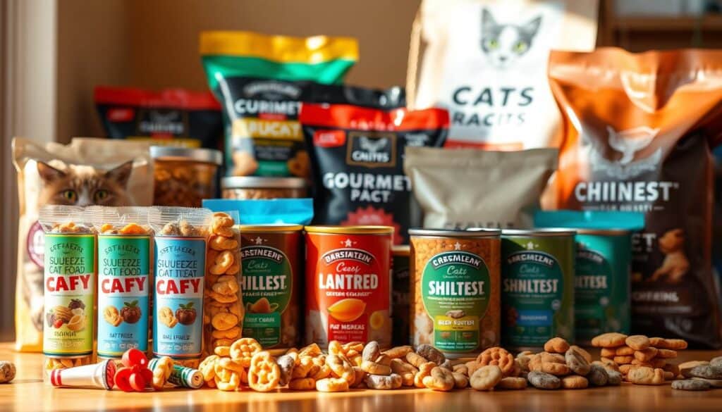 A vibrant, high-resolution photograph showcasing an assortment of versatile cat food products. In the foreground, an array of colorful squeeze tubes filled with savory cat treats, their labels prominently displayed. In the middle ground, cans and pouches of gourmet-style wet food, each offering a unique flavor and texture. The background features bags of premium dry cat food, their packaging designed with eye-catching graphics. Warm, natural lighting illuminates the scene, casting subtle shadows and highlighting the products' textures and details. The overall composition conveys a sense of quality, variety, and the ability to cater to a cat's diverse culinary preferences. A vibrant, high-resolution photograph showcasing an assortment of versatile cat food products. In the foreground, an array of colorful squeeze tubes filled with savory cat treats, their labels prominently displayed. In the middle ground, cans and pouches of gourmet-style wet food, each offering a unique flavor and texture. The background features bags of premium dry cat food, their packaging designed with eye-catching graphics. Warm, natural lighting illuminates the scene, casting subtle shadows and highlighting the products' textures and details. The overall composition conveys a sense of quality, variety, and the ability to cater to a cat's diverse culinary preferences.