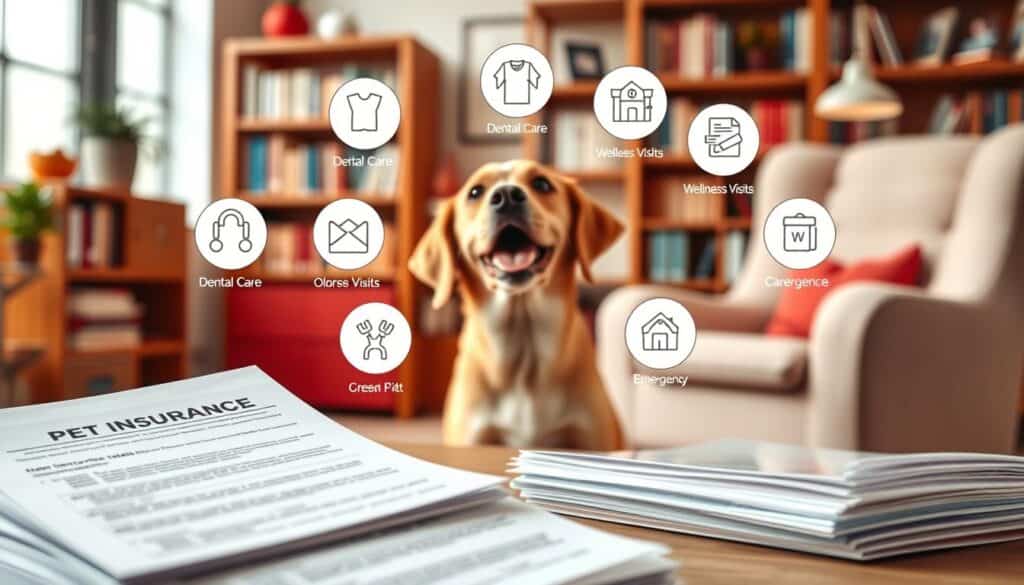 A vibrant illustration of pet insurance discounts and add-ons. In the foreground, a stack of insurance documents with discounts and options clearly visible. The middle ground features a friendly dog looking up, tail wagging, surrounded by icons representing various add-ons like dental care, wellness visits, and emergency coverage. The background is a warm, inviting office setting with bookshelves and a cozy armchair, creating a sense of professionalism and care. The lighting is soft and diffused, highlighting the important details. Captured with a shallow depth of field, the dog and documents are in focus, drawing the viewer's attention to the key elements. A vibrant illustration of pet insurance discounts and add-ons. In the foreground, a stack of insurance documents with discounts and options clearly visible. The middle ground features a friendly dog looking up, tail wagging, surrounded by icons representing various add-ons like dental care, wellness visits, and emergency coverage. The background is a warm, inviting office setting with bookshelves and a cozy armchair, creating a sense of professionalism and care. The lighting is soft and diffused, highlighting the important details. Captured with a shallow depth of field, the dog and documents are in focus, drawing the viewer's attention to the key elements.