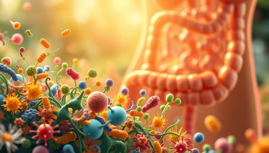 A vibrant, naturally-lit illustration showcasing the balanced gut microbiome. In the foreground, a diverse array of beneficial bacteria in various shapes and colors thrive, interacting harmoniously. The middle ground depicts the intestinal lining, with villi absorbing nutrients. In the background, a softly blurred representation of the gastrointestinal tract provides context. The color palette is warm and earthy, conveying a sense of health and equilibrium. The overall composition reflects the delicate balance and symbiotic relationship between the gut microbiome and the body, illuminating the science behind the benefits of probiotics. A vibrant, naturally-lit illustration showcasing the balanced gut microbiome. In the foreground, a diverse array of beneficial bacteria in various shapes and colors thrive, interacting harmoniously. The middle ground depicts the intestinal lining, with villi absorbing nutrients. In the background, a softly blurred representation of the gastrointestinal tract provides context. The color palette is warm and earthy, conveying a sense of health and equilibrium. The overall composition reflects the delicate balance and symbiotic relationship between the gut microbiome and the body, illuminating the science behind the benefits of probiotics.