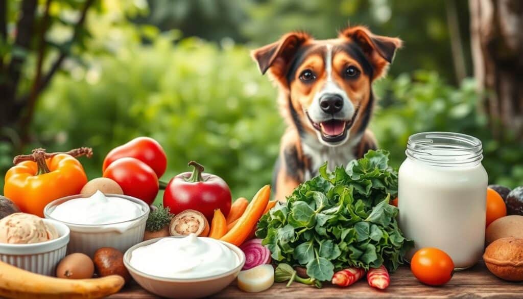 A vibrant, realistic image of natural probiotics for dogs in their daily diet. In the foreground, an array of probiotic-rich whole foods such as plain yogurt, kefir, fermented vegetables, and fresh greens. In the middle ground, a curious, happy-looking dog gazing intently at the spread of healthful ingredients. The background features a serene natural setting, with lush greenery, soft natural lighting, and a sense of calm. The composition should convey the idea of a balanced, wholesome, and nourishing diet for canine companions, focusing on the accessibility and appeal of natural probiotic sources. A vibrant, realistic image of natural probiotics for dogs in their daily diet. In the foreground, an array of probiotic-rich whole foods such as plain yogurt, kefir, fermented vegetables, and fresh greens. In the middle ground, a curious, happy-looking dog gazing intently at the spread of healthful ingredients. The background features a serene natural setting, with lush greenery, soft natural lighting, and a sense of calm. The composition should convey the idea of a balanced, wholesome, and nourishing diet for canine companions, focusing on the accessibility and appeal of natural probiotic sources.