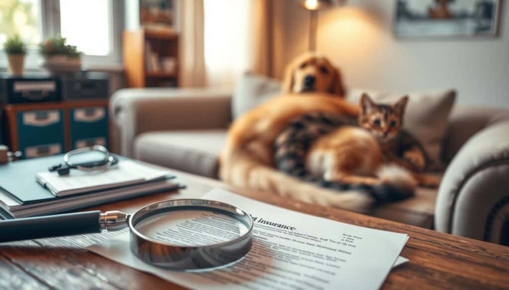 A weathered veterinarian's desk, laden with files and medical supplies, sits in the foreground. On the desk, a magnifying glass hovers over a pet insurance document, highlighting the fine print of "pre-existing conditions." In the middle ground, a fluffy golden retriever and a tabby cat curl up on a plush couch, their tails intertwined, oblivious to the complexities of their care. Soft, warm lighting filters through a window, casting a comforting glow over the scene. The background is blurred, suggesting a cozy, inviting veterinary clinic, where the well-being of beloved pets is the top priority.