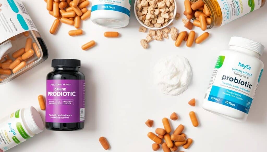 A well-lit, close-up shot of various healthy canine probiotic supplements, including capsules, powders, and chews, arranged on a clean, white background. The probiotics are displayed in an organized, symmetrical manner, highlighting their key selection criteria such as bacterial strains, potency, and purity. The overall composition has a scientific, educational feel, conveying the importance of carefully evaluating probiotic options to support a dog's digestive health.