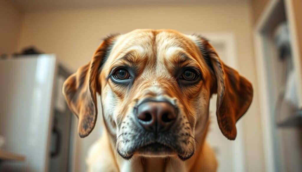 A well-lit, closeup photograph of an older dog's face, with a soft, shallow depth of field. The dog has a concerned, slightly anxious expression, reflecting the limitations of an accident-only pet insurance policy. In the background, a blurred image of a veterinary clinic, conveying the setting where such a policy may be discussed. The lighting is warm and natural, creating a sense of empathy and understanding. The overall mood is one of thoughtfulness and consideration for the needs of an aging canine companion.