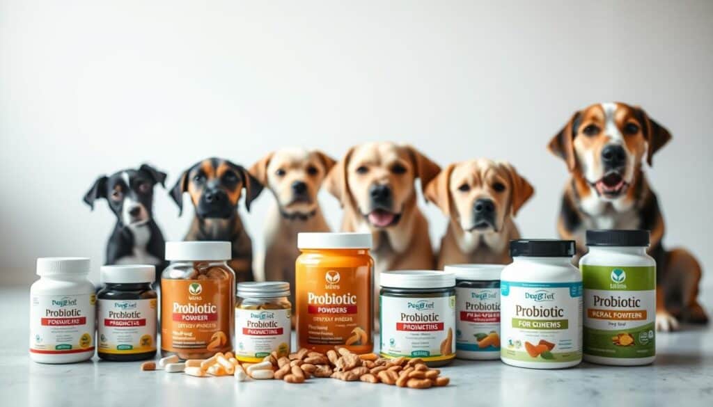 A well-lit, high-quality photograph featuring an arrangement of different probiotic supplements for dogs at various life stages. The foreground showcases an assortment of probiotic products, including capsules, powders, and chews, neatly arranged on a clean, neutral surface. The middle ground features a diverse selection of dog breeds, from puppies to senior dogs, each interacting with the probiotic products in a natural and engaging manner. The background is out of focus, creating a soft, blurred effect that draws the viewer's attention to the main subject. The lighting is soft and diffused, creating a warm, inviting atmosphere that highlights the vibrant colors and textures of the products and dogs. The overall composition is balanced and visually appealing, conveying the importance of tailoring probiotic supplements to a dog's specific life stage. A well-lit, high-quality photograph featuring an arrangement of different probiotic supplements for dogs at various life stages. The foreground showcases an assortment of probiotic products, including capsules, powders, and chews, neatly arranged on a clean, neutral surface. The middle ground features a diverse selection of dog breeds, from puppies to senior dogs, each interacting with the probiotic products in a natural and engaging manner. The background is out of focus, creating a soft, blurred effect that draws the viewer's attention to the main subject. The lighting is soft and diffused, creating a warm, inviting atmosphere that highlights the vibrant colors and textures of the products and dogs. The overall composition is balanced and visually appealing, conveying the importance of tailoring probiotic supplements to a dog's specific life stage.