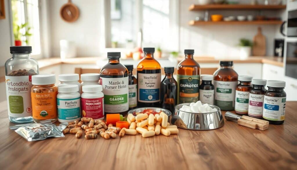 A well-lit, high-resolution photograph of a wooden table with various dog supplements and probiotics laid out neatly. In the foreground, a selection of different sized bottles, jars, and packages of dog supplements, including powders, capsules, and liquids. In the middle ground, a couple of dog bowls filled with different probiotic-rich foods like yogurt and kefir. In the background, a clean, airy kitchen setting with natural light filtering in through a window, creating a warm, inviting atmosphere. The overall composition conveys a sense of care, intention, and expertise in selecting and administering the right probiotic supplements for a dog's yeast infection.