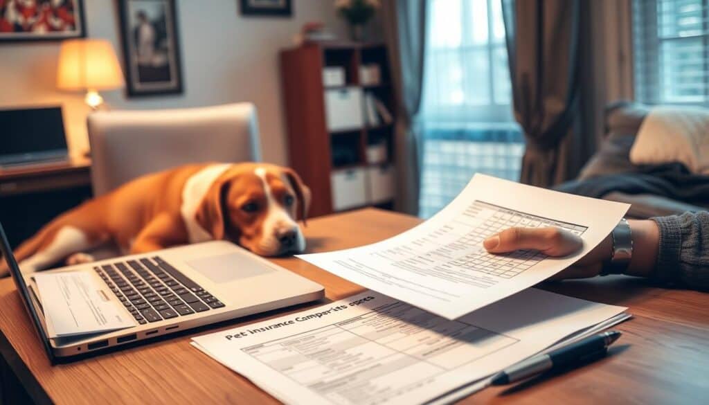 A well-lit home office, a laptop on the desk displaying a pet insurance plan comparison site, a stack of documents, a pen, and a dog lounging nearby. The camera captures a thoughtful, carefully considered atmosphere as the human carefully evaluates different insurance options, considering the needs and well-being of their canine companion. Soft, warm lighting illuminates the scene, creating a sense of focus and deliberation. The composition emphasizes the decision-making process, with the dog's presence serving as a gentle reminder of the importance of making the right choice.
