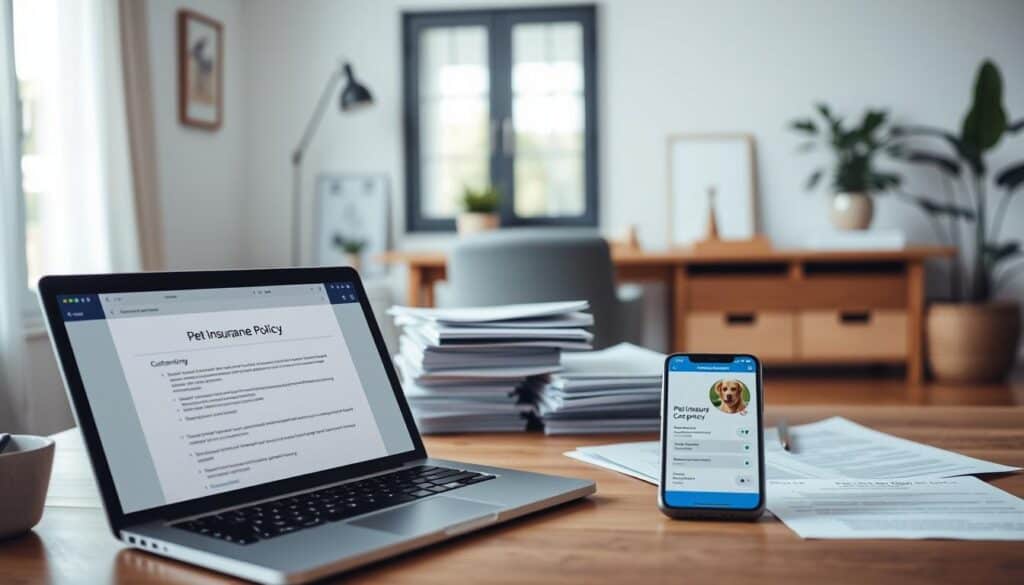A well-lit home office scene with a laptop, documents, and a smartphone showcasing various pet insurance policy customization options. The foreground features an open laptop display with policy details, while the middle ground includes stacks of paperwork and a smartphone displaying a mobile app interface. The background depicts a minimalist, cozy workspace with neutral tones, natural lighting, and a sense of focus and concentration. The overall mood conveys a thoughtful, organized approach to tailoring a pet insurance policy to individual needs.