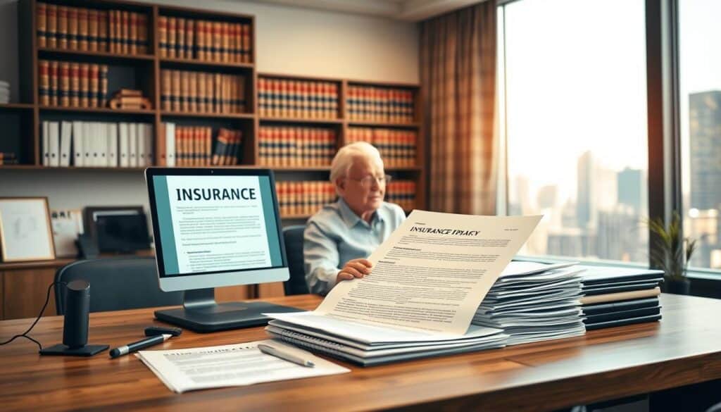 A well-lit office interior with a large desk in the foreground, showcasing a stack of documents and a computer monitor displaying an insurance policy. In the middle ground, a senior couple sits attentively, discussing the policy's terms and conditions. The background features a bookshelf filled with legal volumes and a window overlooking a city skyline, conveying a sense of seriousness and professionalism. The lighting is warm and inviting, creating a sense of trust and transparency in the image.