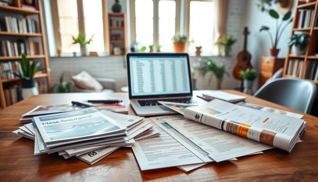 A well-lit, wide-angle image showcasing a comparative analysis of pet insurance costs. In the foreground, a spread of various pet insurance plan brochures, leaflets, and documents neatly arranged on a wooden desk. In the middle ground, a laptop displaying a spreadsheet with detailed cost breakdowns and policy features. The background features a cozy home office setting with bookshelves, indoor plants, and natural lighting filtering through the windows, creating a warm, informative atmosphere. The overall composition conveys a sense of thoughtful research and decision-making when it comes to selecting the best pet insurance coverage. A well-lit, wide-angle image showcasing a comparative analysis of pet insurance costs. In the foreground, a spread of various pet insurance plan brochures, leaflets, and documents neatly arranged on a wooden desk. In the middle ground, a laptop displaying a spreadsheet with detailed cost breakdowns and policy features. The background features a cozy home office setting with bookshelves, indoor plants, and natural lighting filtering through the windows, creating a warm, informative atmosphere. The overall composition conveys a sense of thoughtful research and decision-making when it comes to selecting the best pet insurance coverage.