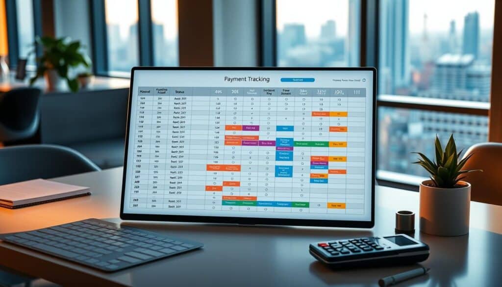 A well-organized, color-coded payment tracking schedule displayed on a sleek, modern office desk. The schedule shows a detailed breakdown of upcoming payment milestones, due dates, and status indicators. The foreground features a clean spreadsheet interface with clear icons and intuitive data visualization. The middle ground showcases various desk accessories like a pen holder, calculator, and a small potted plant, all bathed in warm, natural lighting. The background subtly depicts an elegant office interior with minimalist decor and large windows overlooking a serene cityscape.