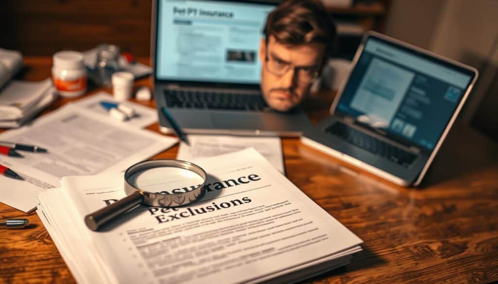 A wide-angle shot of a wooden desk with scattered documents, medical supplies, and a laptop displaying an insurance policy. In the foreground, a stack of paperwork labeled "Pet Insurance Exclusions" with a magnifying glass hovering over it, casting a focused beam of light. The middle ground features a thoughtful, furrowed-brow expression on a person's face as they review the exclusions. The background is softly blurred, conveying a sense of contemplation and attention to detail. The lighting is warm and inviting, with subtle shadows adding depth and dimension to the scene. A serious, analytical mood permeates the image, hinting at the importance of understanding pet insurance coverage.
