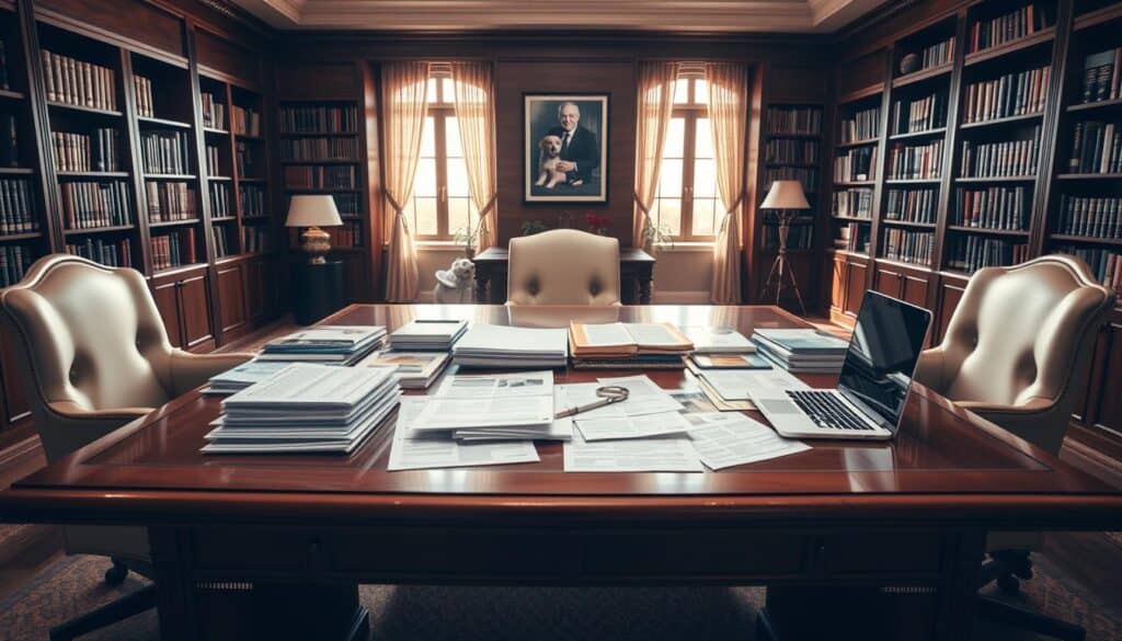 An elegant office interior with a large wooden desk, on which various documents, reports, and a laptop are neatly arranged. In the center, an array of pet insurance brochures and pamphlets are spread out, inviting comparison. Soft, warm lighting filters through the windows, casting a professional, yet welcoming atmosphere. In the background, bookshelves filled with industry-relevant titles line the walls, reflecting the expertise of the space. The overall composition conveys a sense of thoughtful analysis and informed decision-making, perfectly suited for the "Evaluating Types of Pet Insurance Plans" section of the article. An elegant office interior with a large wooden desk, on which various documents, reports, and a laptop are neatly arranged. In the center, an array of pet insurance brochures and pamphlets are spread out, inviting comparison. Soft, warm lighting filters through the windows, casting a professional, yet welcoming atmosphere. In the background, bookshelves filled with industry-relevant titles line the walls, reflecting the expertise of the space. The overall composition conveys a sense of thoughtful analysis and informed decision-making, perfectly suited for the "Evaluating Types of Pet Insurance Plans" section of the article.