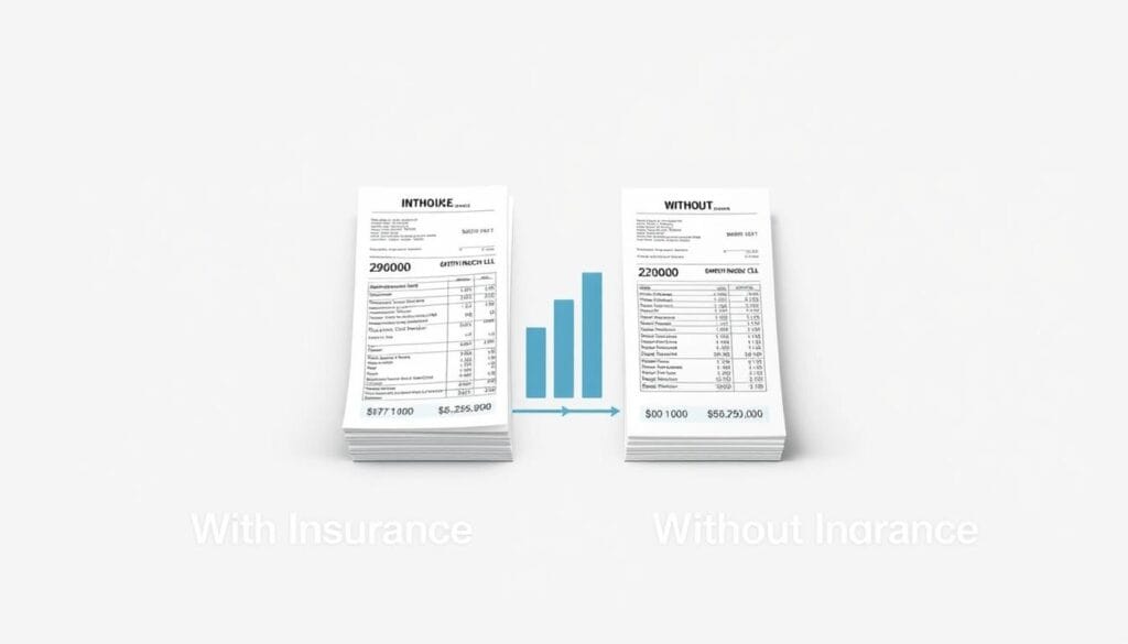 Comparing Surgery Costs with and without Insurance: a detailed infographic depicting side-by-side medical bills for a common surgical procedure, showcased on a clean, minimalist background. The foreground features two stacks of itemized invoices, one labeled "With Insurance" and the other "Without Insurance", highlighting the stark contrast in out-of-pocket costs. The middle ground includes a simple bar chart or line graph visually demonstrating the price difference. The background is a soft, neutral hue, allowing the financial data to take center stage. The overall tone is informative and data-driven, conveying the importance of understanding healthcare costs and the value of insurance coverage.