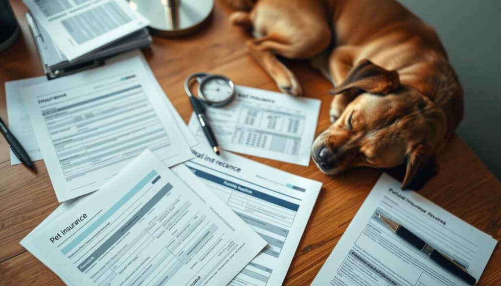 Detailed pet insurance claim documentation spread out on a wooden desk, with a dog sleeping peacefully nearby. The documents include veterinary records, receipts, and insurance forms, all neatly organized. The lighting is soft and natural, with a warm, inviting atmosphere. The camera angle is slightly elevated, capturing the scene from an overhead perspective, emphasizing the importance and seriousness of the task at hand. The focus is sharp, with a shallow depth of field, drawing the viewer's attention to the key elements of the claim preparation process.