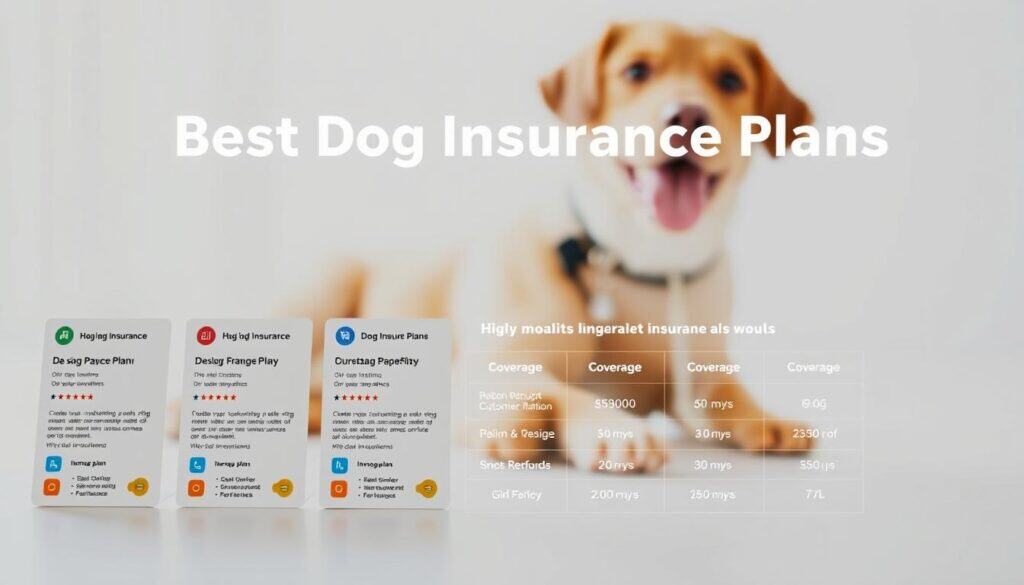 High-quality dog insurance plans displayed in a clean, organized layout with a professional, trustworthy aesthetic. A row of four insurance plan thumbnails in the foreground, each with a clear visual representation, key details, and stylized icons. In the middle ground, a sleek, minimalist infographic comparing the plans' coverage, pricing, and customer ratings. The background features a soft, blurred image of a happy, healthy dog, conveying the plans' focus on pet wellbeing. Bright, natural lighting illuminates the scene, creating a sense of clarity and reliability. The overall composition is visually appealing and informative, suitable for an article section titled "Best Dog Insurance Plans".