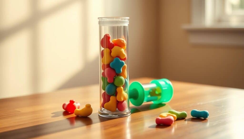 Imagine a delightful interactive pet treat tube, standing tall and alluring on a polished wooden surface. The tube is crafted from transparent acrylic, allowing a tantalizing view of the treats inside. Vibrant, colorful squish-style pet treats fill the tube, their shapes and textures beckoning to be squeezed and played with. Warm, natural lighting bathes the scene, casting a cozy glow and accentuating the vivid hues of the treats. The tube is designed with interactive elements, such as movable parts or treat dispensers, inviting the pet to engage and explore. The overall composition radiates a sense of playfulness and delight, capturing the "Delectable Squeeze Ups" experience. Imagine a delightful interactive pet treat tube, standing tall and alluring on a polished wooden surface. The tube is crafted from transparent acrylic, allowing a tantalizing view of the treats inside. Vibrant, colorful squish-style pet treats fill the tube, their shapes and textures beckoning to be squeezed and played with. Warm, natural lighting bathes the scene, casting a cozy glow and accentuating the vivid hues of the treats. The tube is designed with interactive elements, such as movable parts or treat dispensers, inviting the pet to engage and explore. The overall composition radiates a sense of playfulness and delight, capturing the "Delectable Squeeze Ups" experience.