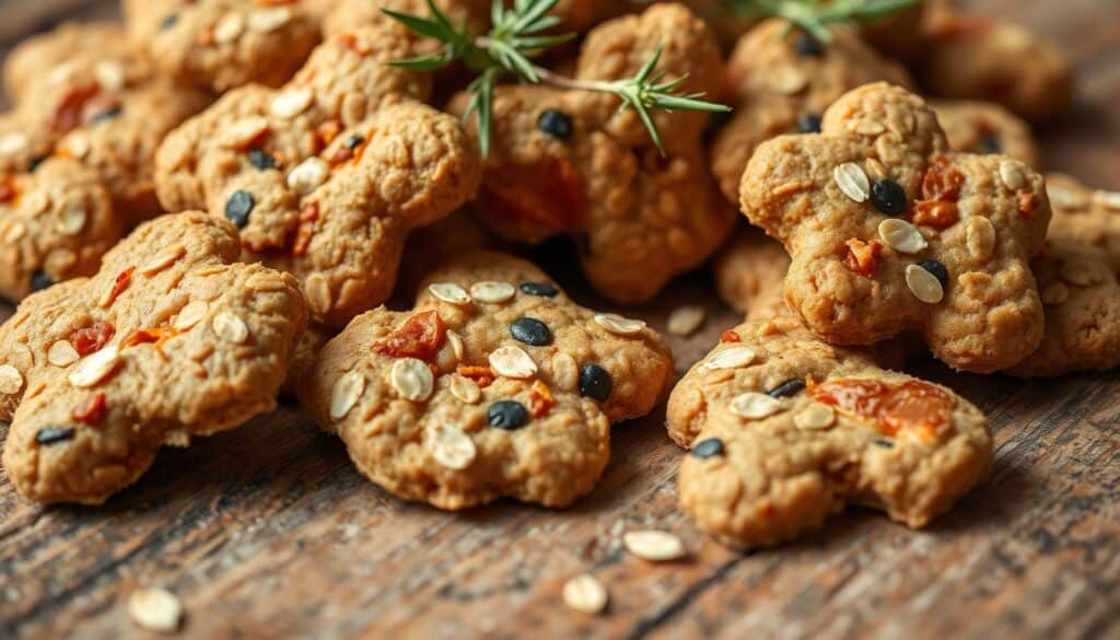 Luscious, freshly baked cat treats arranged on a rustic wooden surface, the ingredients glistening under natural soft lighting. Close-up view showcasing the mouthwatering texture and vibrant colors of the treats, including wholesome oats, succulent dried salmon, and aromatic catnip. The treats appear slightly irregular in shape, conveying a handmade, artisanal quality. The image exudes a cozy, inviting atmosphere, enticing the viewer to imagine the delightful taste and aroma of these nutritious, feline-approved delicacies.