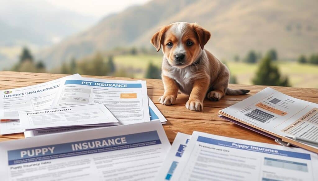 Vibrant and detailed image of a variety of puppy insurance policies, laid out on a wooden surface with a soft natural light filtering in. In the foreground, various insurance documents and brochures are neatly arranged, showcasing coverage options, deductibles, and premium rates. In the middle ground, a friendly puppy sits observantly, its playful expression conveying the importance of protecting our four-legged companions. The background features a soothing, blurred landscape, emphasizing the tranquil and responsible nature of pet insurance planning. The overall composition exudes a sense of care, professionalism, and the sincere desire to provide the best coverage for puppies.