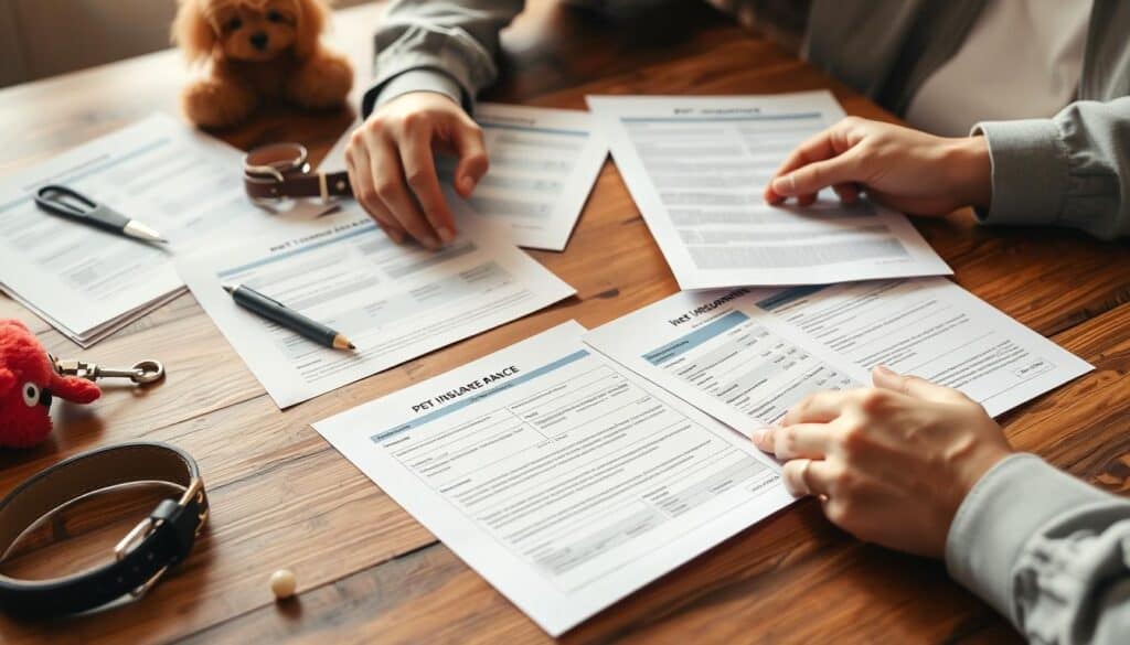 a detailed professional comparison of pet insurance providers, with a close-up of a person's hands evaluating and reviewing various insurance plans and policy documents on a wooden table, surrounded by pet-related items like a collar, leash, and toys, in a warm, natural light setting, with a slightly blurred background to focus attention on the analysis and decision-making process. a detailed professional comparison of pet insurance providers, with a close-up of a person's hands evaluating and reviewing various insurance plans and policy documents on a wooden table, surrounded by pet-related items like a collar, leash, and toys, in a warm, natural light setting, with a slightly blurred background to focus attention on the analysis and decision-making process.