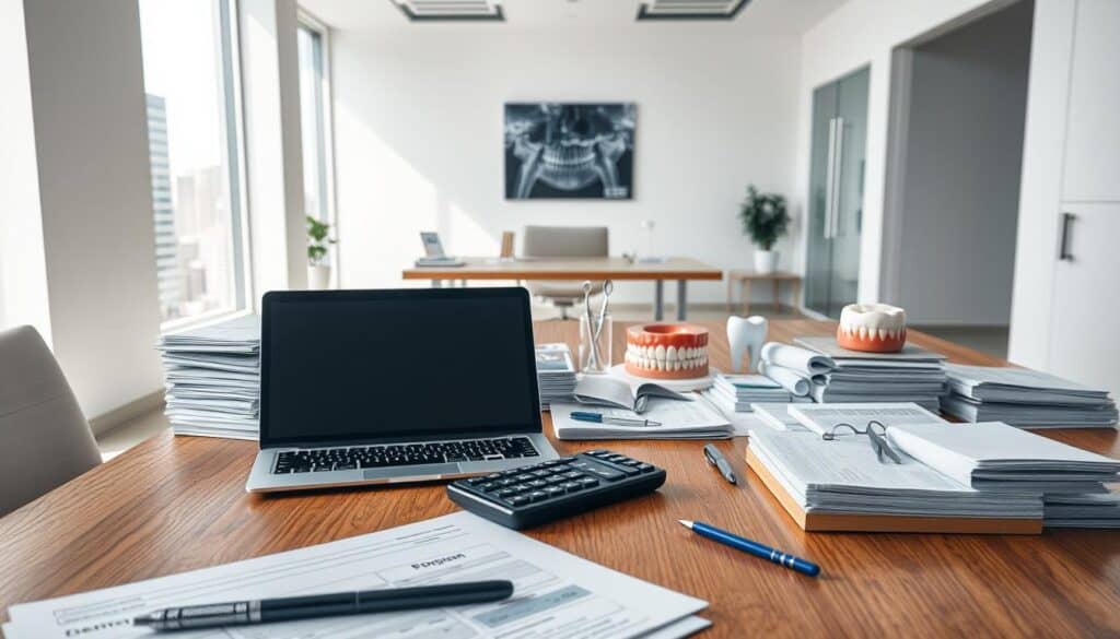 a detailed, realistic, photo-realistic image of a dental cost analysis, captured with a high-resolution digital camera in a well-lit, professional office setting. The foreground features a wooden desk with a laptop computer, a calculator, and stacks of paperwork, all neatly arranged. The middle ground showcases various dental care items, such as a dental x-ray, a set of dental tools, and a model of teeth. The background depicts a modern, minimalist office environment with clean, white walls and a window overlooking a cityscape. The overall mood is one of professionalism, precision, and careful financial planning, reflecting the subject of the "Cost Considerations and Plan Customization" section of the article.