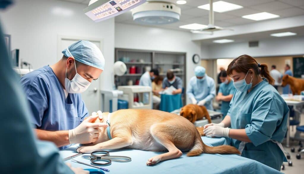 a surgical scene depicting common pet procedures, such as spaying, neutering, and dental cleanings, set in a clean, well-lit veterinary clinic. The foreground features a veterinarian in scrubs performing an operation on a calm, anesthetized animal, while assistants prepare tools and monitor vital signs. The middle ground showcases other veterinary staff tending to recovering pets in cages, and the background depicts a reception area with pet owners awaiting their companions. The lighting is bright and sterile, conveying a sense of professionalism and care, and the overall atmosphere evokes a reassuring and trustworthy medical environment.
