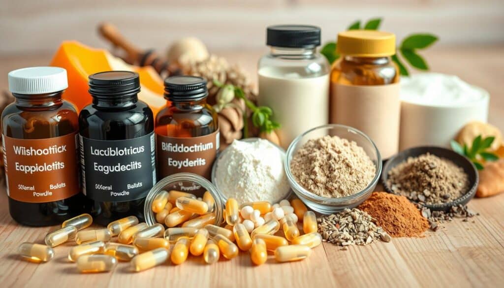 A close-up photo of an assortment of probiotic ingredients for dogs, arranged on a wooden surface. In the foreground, there are capsules, powders, and liquids in glass bottles, all labeled with the names of beneficial bacterial strains like Lactobacillus and Bifidobacterium. The midground features complementary ingredients like dried fruits, herbs, and superfood powders. The background has a soft, natural lighting that accentuates the earthy tones and textures of the ingredients, conveying a sense of health, vitality, and quality. The overall composition is balanced, appealing, and highlights the key elements that contribute to effective probiotic supplements for dogs with skin allergies. A close-up photo of an assortment of probiotic ingredients for dogs, arranged on a wooden surface. In the foreground, there are capsules, powders, and liquids in glass bottles, all labeled with the names of beneficial bacterial strains like Lactobacillus and Bifidobacterium. The midground features complementary ingredients like dried fruits, herbs, and superfood powders. The background has a soft, natural lighting that accentuates the earthy tones and textures of the ingredients, conveying a sense of health, vitality, and quality. The overall composition is balanced, appealing, and highlights the key elements that contribute to effective probiotic supplements for dogs with skin allergies.