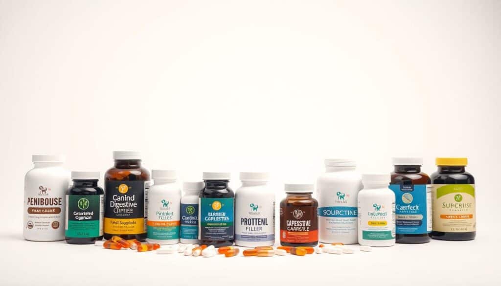 A high-quality, well-lit studio photography image showcasing an assortment of various canine digestive supplements. The supplements should be arranged in the foreground on a clean, neutral background, with a soft, even lighting that highlights the textures and colors of the products. The middle ground should feature a selection of different sized bottles, tablets, and capsules, presented in an organized and visually appealing manner. The background should be simple and uncluttered, allowing the supplements to be the focal point of the image. The overall mood should be one of professionalism, quality, and attention to detail, reflecting the importance of choosing the right probiotic for a dog's gut health. A high-quality, well-lit studio photography image showcasing an assortment of various canine digestive supplements. The supplements should be arranged in the foreground on a clean, neutral background, with a soft, even lighting that highlights the textures and colors of the products. The middle ground should feature a selection of different sized bottles, tablets, and capsules, presented in an organized and visually appealing manner. The background should be simple and uncluttered, allowing the supplements to be the focal point of the image. The overall mood should be one of professionalism, quality, and attention to detail, reflecting the importance of choosing the right probiotic for a dog's gut health.