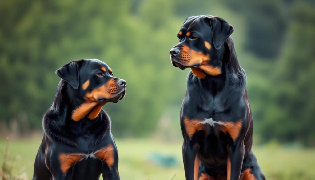 A pair of Rottweiler dogs, one with a calm and obedient demeanor, the other with a more assertive and territorial stance, facing each other in a natural setting. The calm Rottweiler sits upright, alert but relaxed, while the assertive Rottweiler stands with a slightly lowered head, muscles tensed, conveying a protective and confident attitude. Soft, diffused lighting illuminates the scene, creating depth and dimensionality. The background features a lush, verdant landscape with subtle, blurred elements to focus attention on the contrast between the two Rottweiler temperaments.
