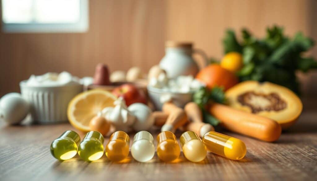 A still life composition showcasing the key ingredients in a high-quality dog probiotic supplement. In the foreground, a row of probiotic capsules in various colors - yellow, green, and white. Behind them, an arrangement of natural probiotic sources such as yogurt, kefir, and fermented vegetables. The background features a wooden surface with a subtle grain texture, illuminated by soft, natural lighting from a window or skylight. The overall mood is one of purity, health, and scientific precision, inviting the viewer to consider the benefits of these therapeutic ingredients for senior canine wellness.