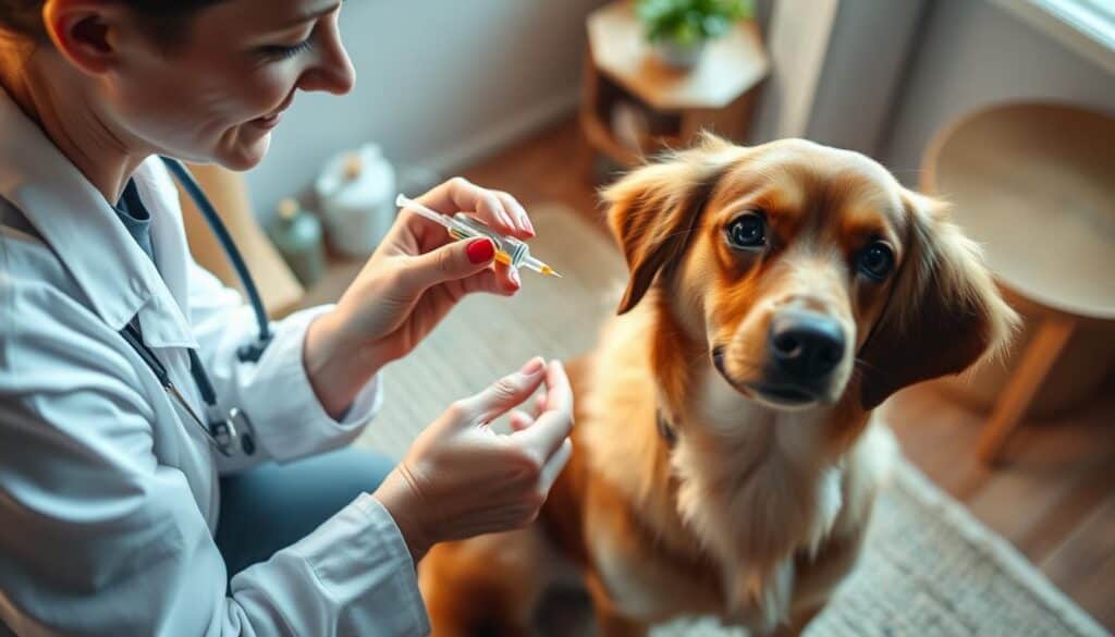 A veterinarian carefully administering dog probiotics, with a calm and caring expression. The dog is sitting obediently, their fur soft and shiny. The scene is well-lit, perhaps from a window, with a warm, natural light. The background is a cozy home setting, with wooden furnishings and simple decor, creating a relaxed atmosphere. The angle is slightly elevated, giving a bird's-eye view of the interaction, emphasizing the attentive care and attention to detail. The focus is on the veterinarian's skilled hand and the dog's trusting gaze, conveying the importance of proper probiotic administration for a dog's healthy skin and gut. A veterinarian carefully administering dog probiotics, with a calm and caring expression. The dog is sitting obediently, their fur soft and shiny. The scene is well-lit, perhaps from a window, with a warm, natural light. The background is a cozy home setting, with wooden furnishings and simple decor, creating a relaxed atmosphere. The angle is slightly elevated, giving a bird's-eye view of the interaction, emphasizing the attentive care and attention to detail. The focus is on the veterinarian's skilled hand and the dog's trusting gaze, conveying the importance of proper probiotic administration for a dog's healthy skin and gut.