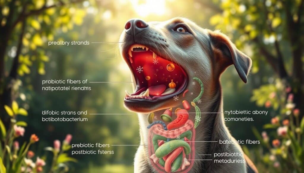 A vibrant, hyper-realistic illustration of a synergistic gut health ecosystem for dogs. In the foreground, a dog's open mouth reveals a healthy, diverse gut microbiome, with probiotic strains of Lactobacillus and Bifidobacterium thriving amidst prebiotic fibers and postbiotic metabolites. The middle ground depicts the dog's digestive tract, with translucent layers showcasing the intricate interplay between different microbial communities. In the background, a lush, verdant landscape represents the ideal environment for maintaining optimal canine gut health, complete with sun-dappled lighting and a soothing, serene atmosphere. A vibrant, hyper-realistic illustration of a synergistic gut health ecosystem for dogs. In the foreground, a dog's open mouth reveals a healthy, diverse gut microbiome, with probiotic strains of Lactobacillus and Bifidobacterium thriving amidst prebiotic fibers and postbiotic metabolites. The middle ground depicts the dog's digestive tract, with translucent layers showcasing the intricate interplay between different microbial communities. In the background, a lush, verdant landscape represents the ideal environment for maintaining optimal canine gut health, complete with sun-dappled lighting and a soothing, serene atmosphere.