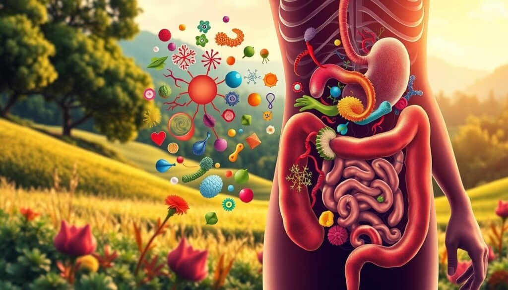 A vibrant illustration showcasing the intricate relationship between digestive health and immune function. The foreground depicts a stylized human digestive system, with the stomach, intestines, and lymphatic system prominently featured. The middle ground features a diverse array of gut-friendly probiotics, represented by colorful, abstract shapes. The background showcases a serene, natural landscape, with lush greenery and a soft, warm lighting. The overall composition conveys a sense of balance, harmony, and the importance of maintaining a healthy gut microbiome for a robust immune system. Rendered in a detailed, semi-realistic style with a focus on striking, complementary colors and textures.