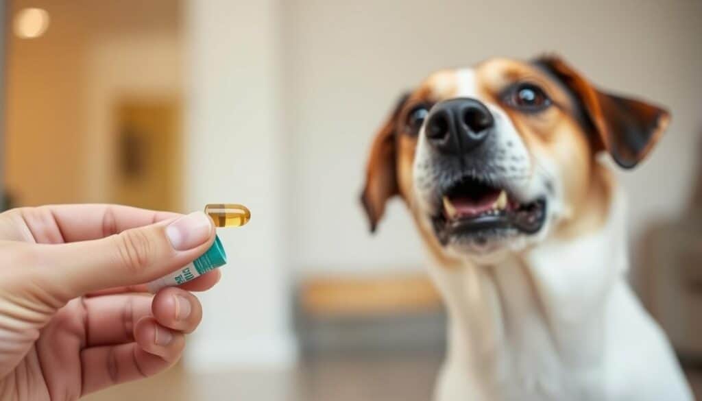 A well-lit, close-up photograph of a human hand gently placing a probiotic supplement capsule into a dog's open mouth, with the dog's attentive expression in the foreground. The middle ground shows the dog's face in profile, with a shallow depth of field blurring the background. The background is a minimalist, warm-toned interior setting, suggesting a domestic, home-like environment. The overall scene conveys a sense of care, trust, and the routine nature of administering probiotics to support the dog's gut health. A well-lit, close-up photograph of a human hand gently placing a probiotic supplement capsule into a dog's open mouth, with the dog's attentive expression in the foreground. The middle ground shows the dog's face in profile, with a shallow depth of field blurring the background. The background is a minimalist, warm-toned interior setting, suggesting a domestic, home-like environment. The overall scene conveys a sense of care, trust, and the routine nature of administering probiotics to support the dog's gut health.