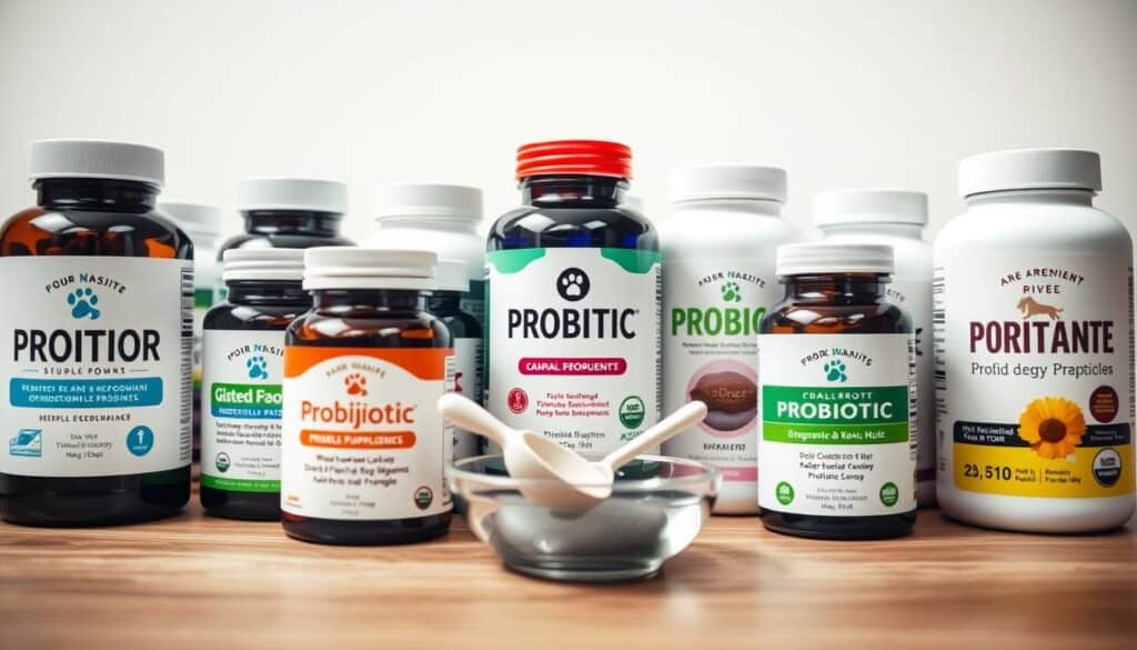 A well-lit, high-quality photograph showing an assortment of dog probiotic supplements in an organized display. The foreground features several different probiotic product containers, each with clear labeling and branding. In the middle ground, there is a small dish or bowl with a scoop, hinting at the proper administration of the supplements. The background has a clean, professional-looking setting, perhaps a wooden table or neutral-colored backdrop, creating a sense of thoughtful curation. The image conveys a sense of expertise, quality, and the importance of carefully selecting the right probiotic for a dog's specific needs. A well-lit, high-quality photograph showing an assortment of dog probiotic supplements in an organized display. The foreground features several different probiotic product containers, each with clear labeling and branding. In the middle ground, there is a small dish or bowl with a scoop, hinting at the proper administration of the supplements. The background has a clean, professional-looking setting, perhaps a wooden table or neutral-colored backdrop, creating a sense of thoughtful curation. The image conveys a sense of expertise, quality, and the importance of carefully selecting the right probiotic for a dog's specific needs.
